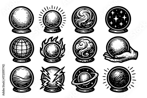 Mystical spheres: hand-drawn crystal ball variations with unique designs