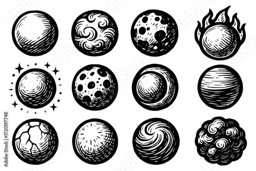 Hand-drawn planetary icons with unique textures on white background