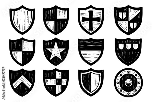 Set of vintage heraldic shields with various symbols and patterns in black and white