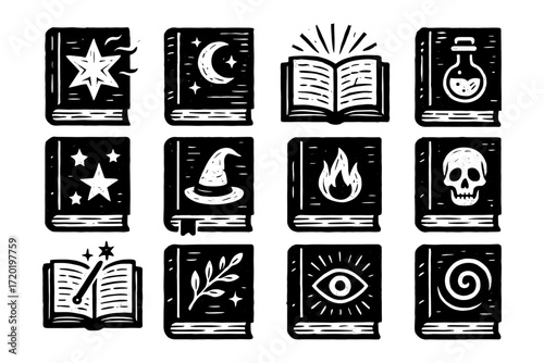 Magic books collection with mystic symbols in hand drawn style