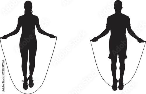 Silhouette of a woman and man jumping rope on background vector