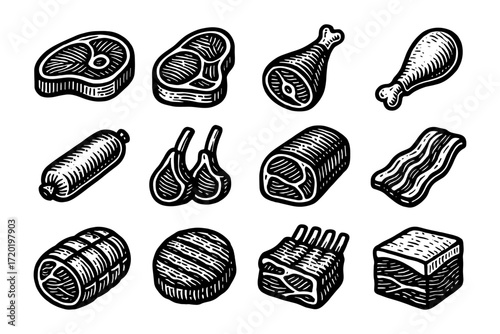Retro black and white meat cuts collection in engraved style