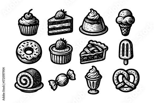 Hand drawn dessert collection: cupcakes, cakes, ice cream, and more