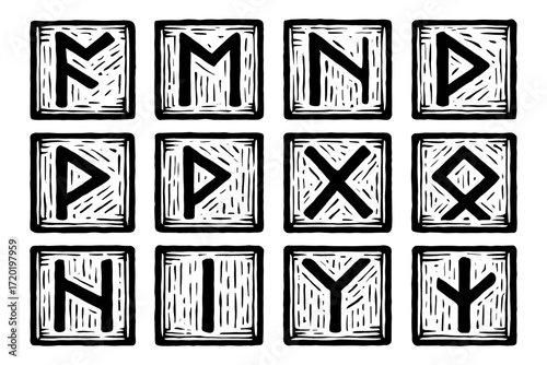 Hand drawn nordic rune set with ancient symbols for mystical design