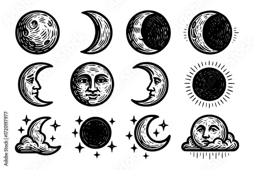 Hand drawn moon phases and celestial elements with cosmic faces