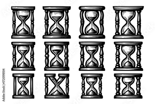 Vintage hourglass set: detailed hand-drawn ink style collection