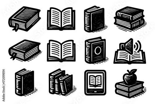 Hand drawn book icons collection: vintage book stack, open book, e-reader, and apple