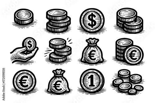 Engraved style currency icons: dollar, euro, and coin illustrations