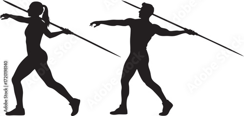Silhouette of female and male athletes throwing javelins against a sports background 