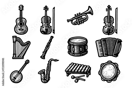 Hand drawn musical instruments collection: string, percussion, wind