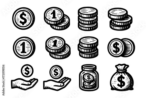 Vintage hand drawn coin and money icons for financial themes and savings
