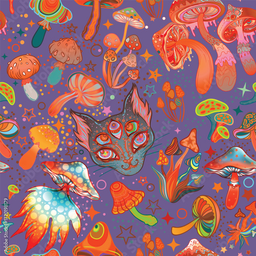 Magic mushrooms and galaxy cat seamless pattern. Psychedelic 60s hippie colorful art. Vintage psychedelic textile, fabric, wrapping, wallpaper. Vector repeating illustration.