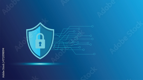 Cyber security shield with padlock on blue background for data protection concept