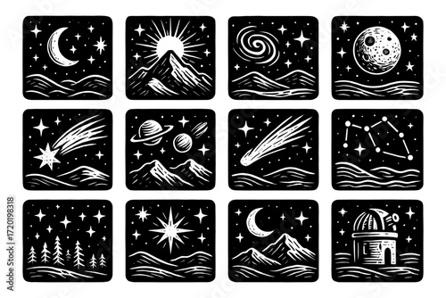 Celestial night scenes: hand-drawn cosmic elements in a retro style