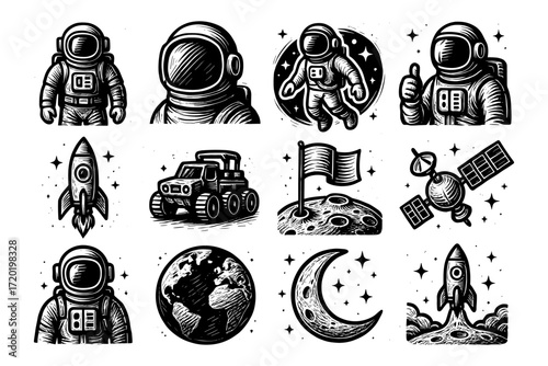 Vintage space exploration icons with astronauts, rockets, and celestial bodies