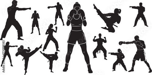 Silhouettes of martial artists and boxers in various action poses arts boxing