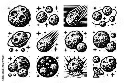 Space objects and asteroids: engraved cosmic design with celestial bodies
