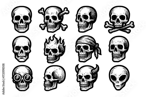 Collection of hand-drawn skull variations in black and white