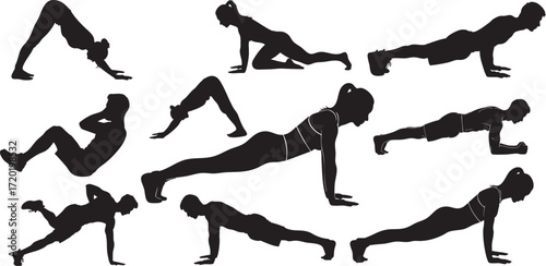 Silhouettes of people performing various fitness exercises on a background workout