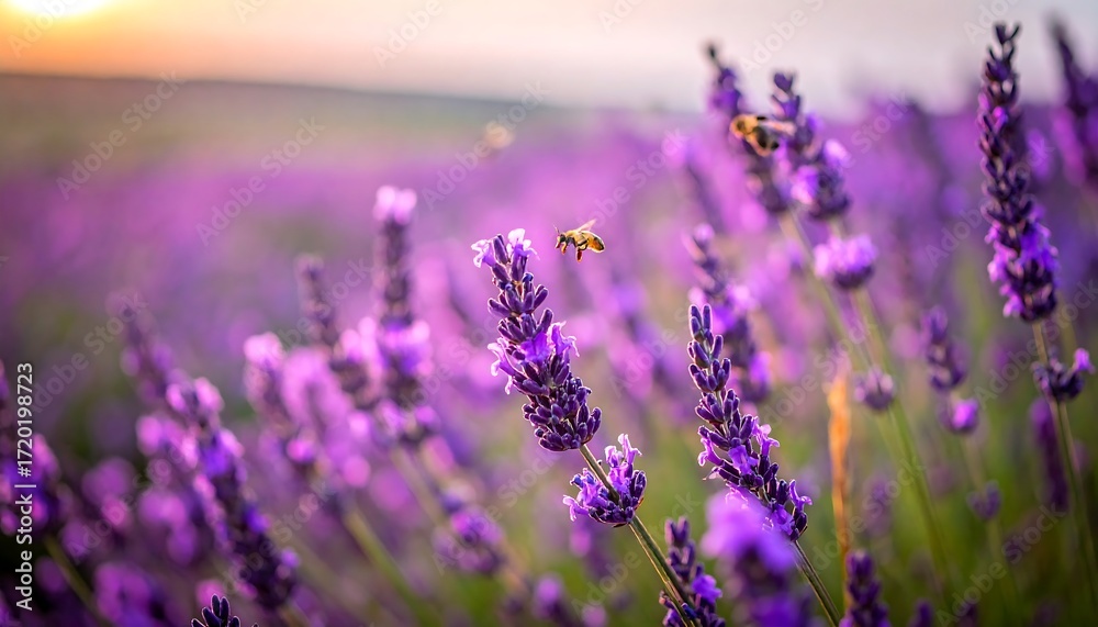 Obraz premium A vibrant, close-up of lavender field with a bee in flight during sunset, creating a sense of tranquility and nature's beauty