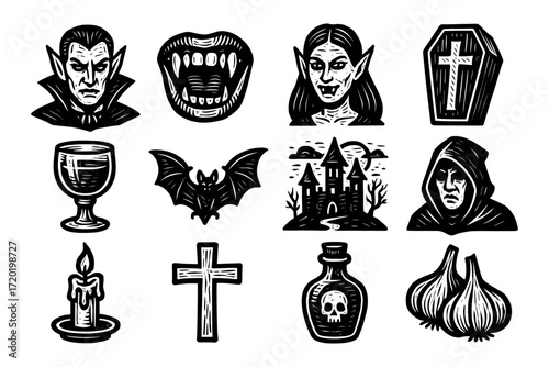 Vintage halloween horror icons featuring vampires, coffins, and haunted castles