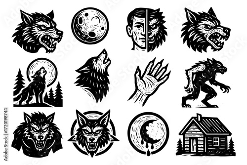 Stylized werewolf and moon designs in bold black and white