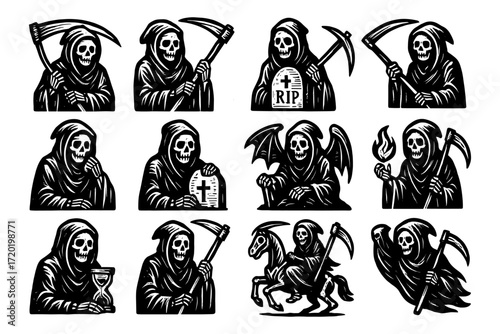 Grim reaper icon collection: diverse poses of the skeletal figure with scythe in tattoo art style