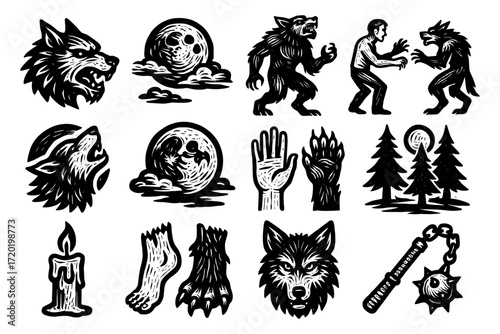 Retro werewolf and horror elements in vintage black and white carved design