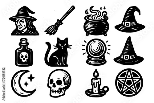 Halloween witchcraft icons: mystical, spooky, and vintage magic elements