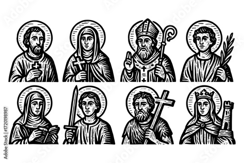 Hand drawn religious figures with ornate outlines in black and white