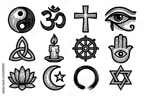 Set of hand-drawn spiritual and religious symbols in black and white