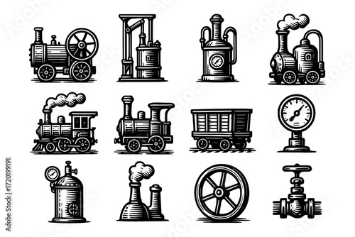 Vintage steam engine elements in retro engraving style for industrial design projects