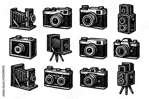 Vintage cameras collection in black and white engraved style