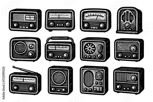 Retro radios collection: vintage style hand drawn illustrations of classic radios