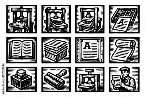 Woodcut art of traditional printing techniques and press machinery