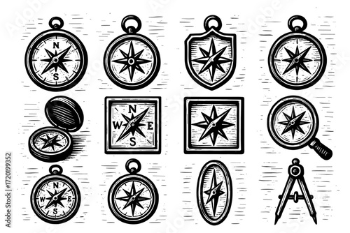 Vintage compass collection in engraved style featuring navigational icons and tools