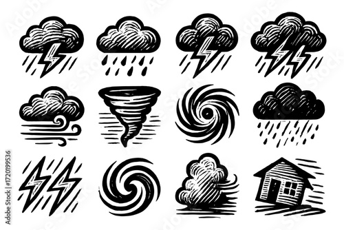 Hand-drawn weather icons: storms, clouds, and tornadoes