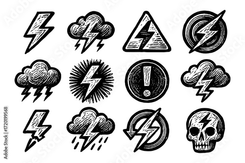 Hand drawn weather and lightning icons with grunge style
