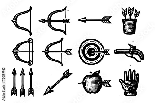 Hand drawn archery elements with bows, arrows, and targets in vintage style