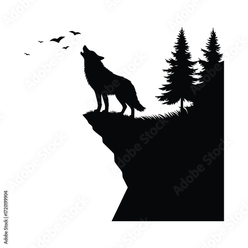 Wolf howling at crescent moon on cliff edge vector silhouette outline logo design concept illustration