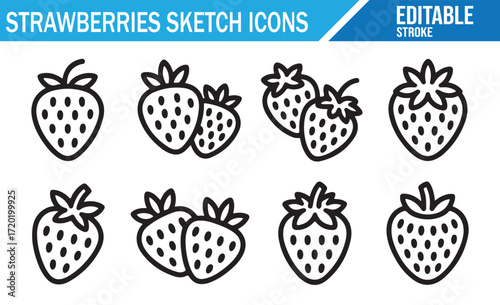 Set of Hand-drawn Strawberry Icons for Fruit, Food, and Nature Themes