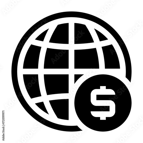 Icono de inversión global. Finanzas internacionales, crecimiento económico y negocios mundiales. Globo terráqueo y símbolo de moneda. Ilustración vectorial