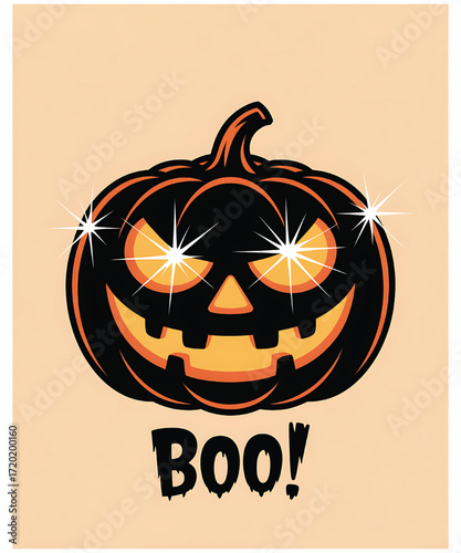 Spooky halloween pumpkin with glowing eyes and the word boo