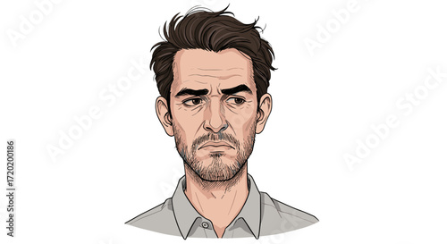 Worried man with furrowed brow and side glance isolated on transparent background