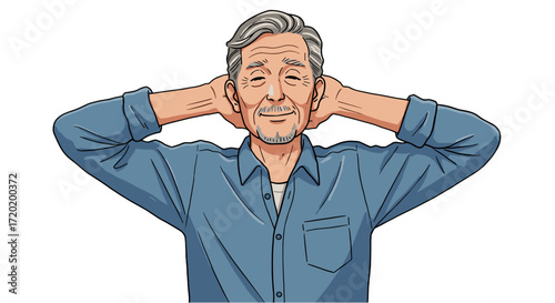 Content Older Man Relaxing Holding Hands Behind Head Smiling Peaceful Isolated on Transparent Background