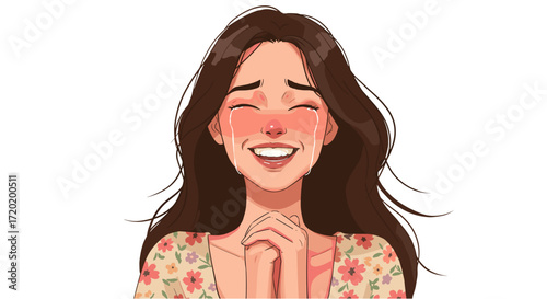 Beautiful Young Woman Crying Tears of Joy Expressing Intense Happiness and Gratitude Isolated on Transparent Background