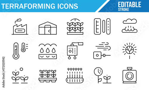 Set of Icons Depicting Terraforming and Climate Control