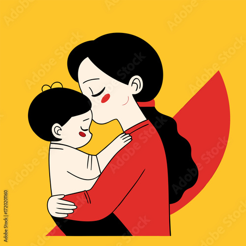 Heartwarming scene: mother and child in tender hug, minimal shapes, bright colors, vector animation