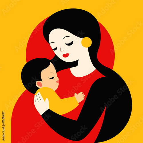 Smooth looping animation of a mother embracing baby, simple symbolic style, bright yellow backdrop, vector format