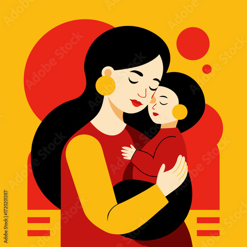Emotional vector scene: mother cradling newborn, minimal design, warm tones, ideal for parenting themes
